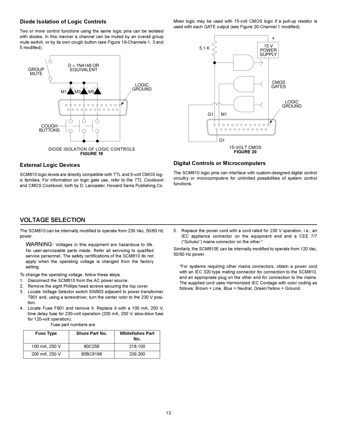 Shure M810E manual Voltage Selection, Diode Isolation of Logic Controls, External Logic Devices 