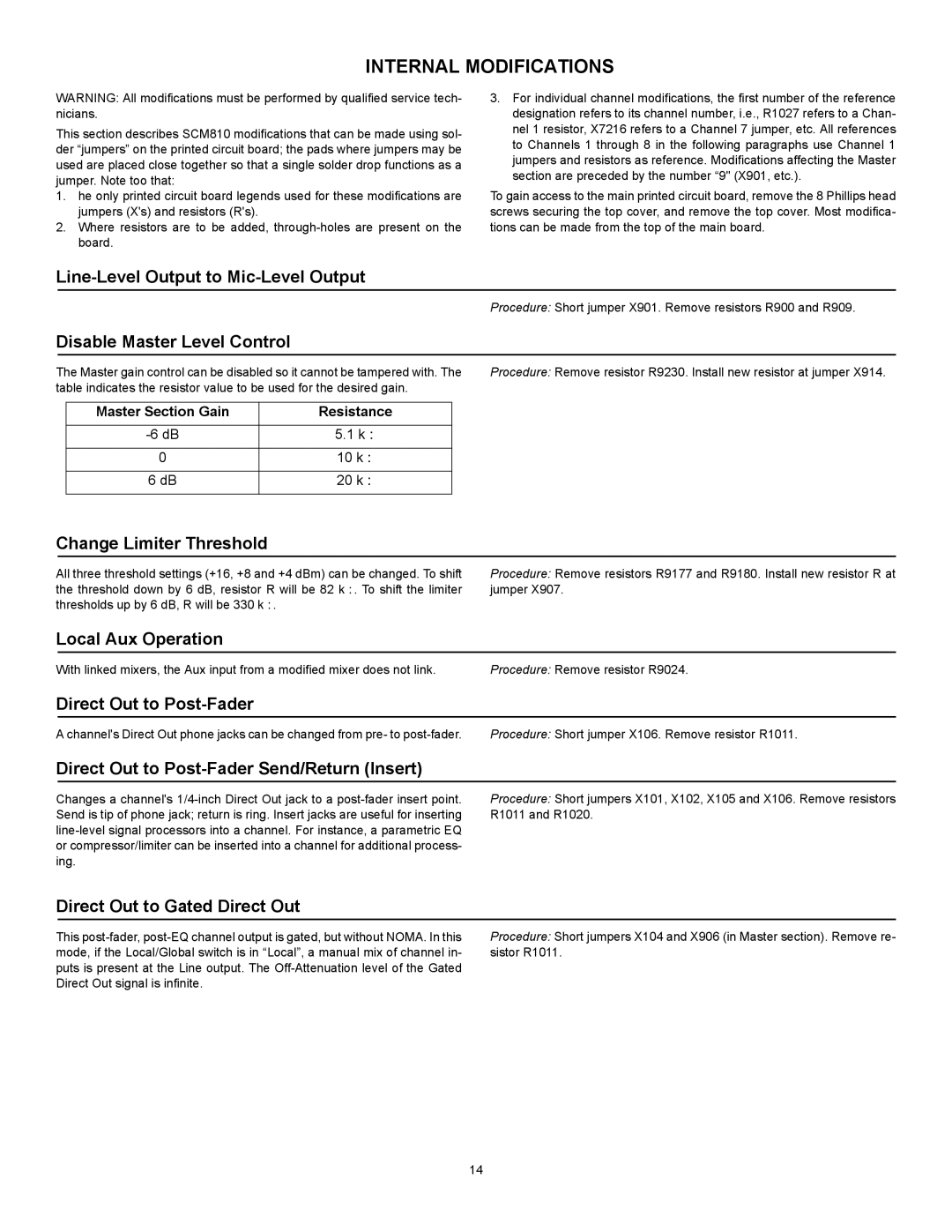 Shure M810E manual Internal Modifications, Disable Master Level Control 