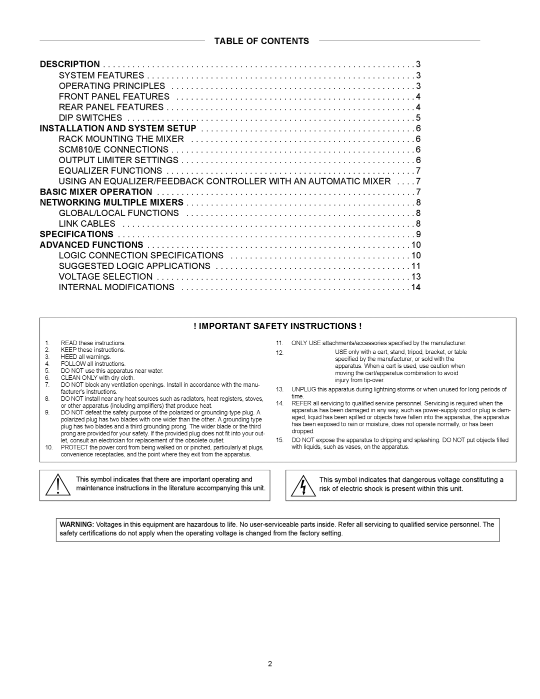 Shure M810E manual Table of Contents 