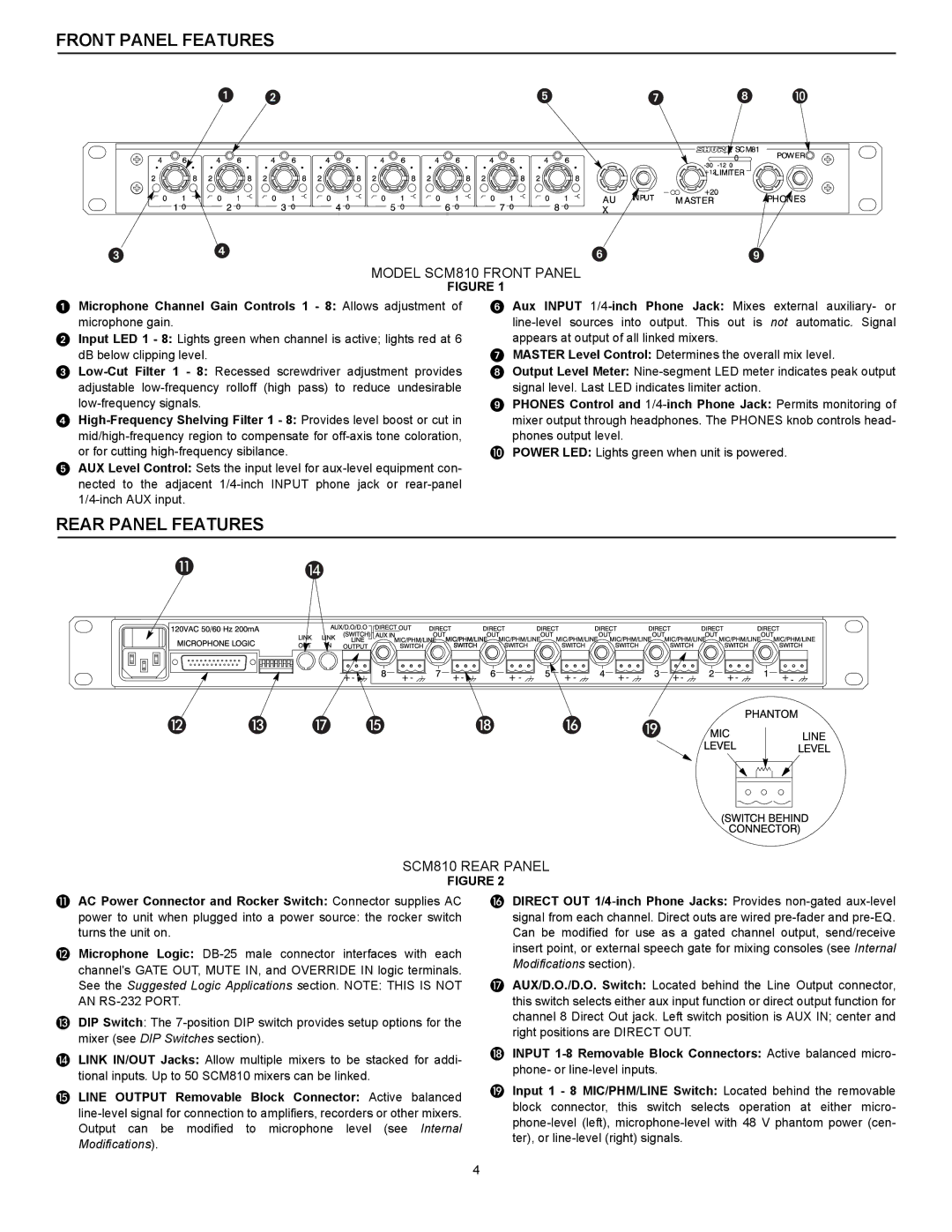 Shure M810E manual Front Panel Features, Rear Panel Features, AC Power Connector and Rocker Switch Connector supplies AC 