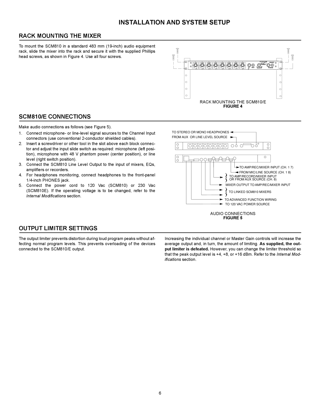 Shure M810E manual Installation and System Setup, Rack Mounting the Mixer, SCM810/E Connections, Output Limiter Settings 