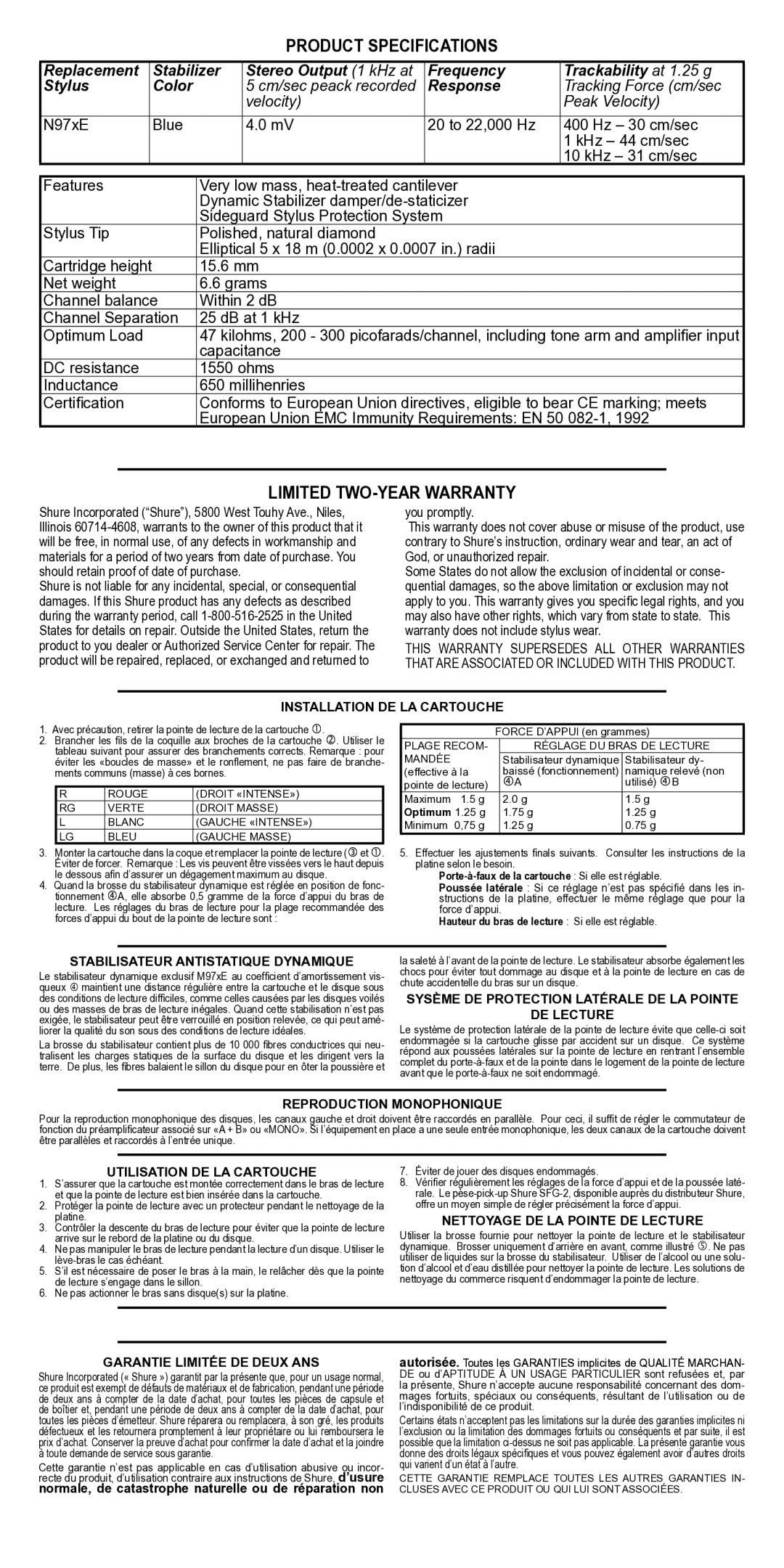 Shure M97-xE manual Sysème DE Protection Latérale DE LA Pointe, DE Lecture, Utilisation DE LA Cartouche 