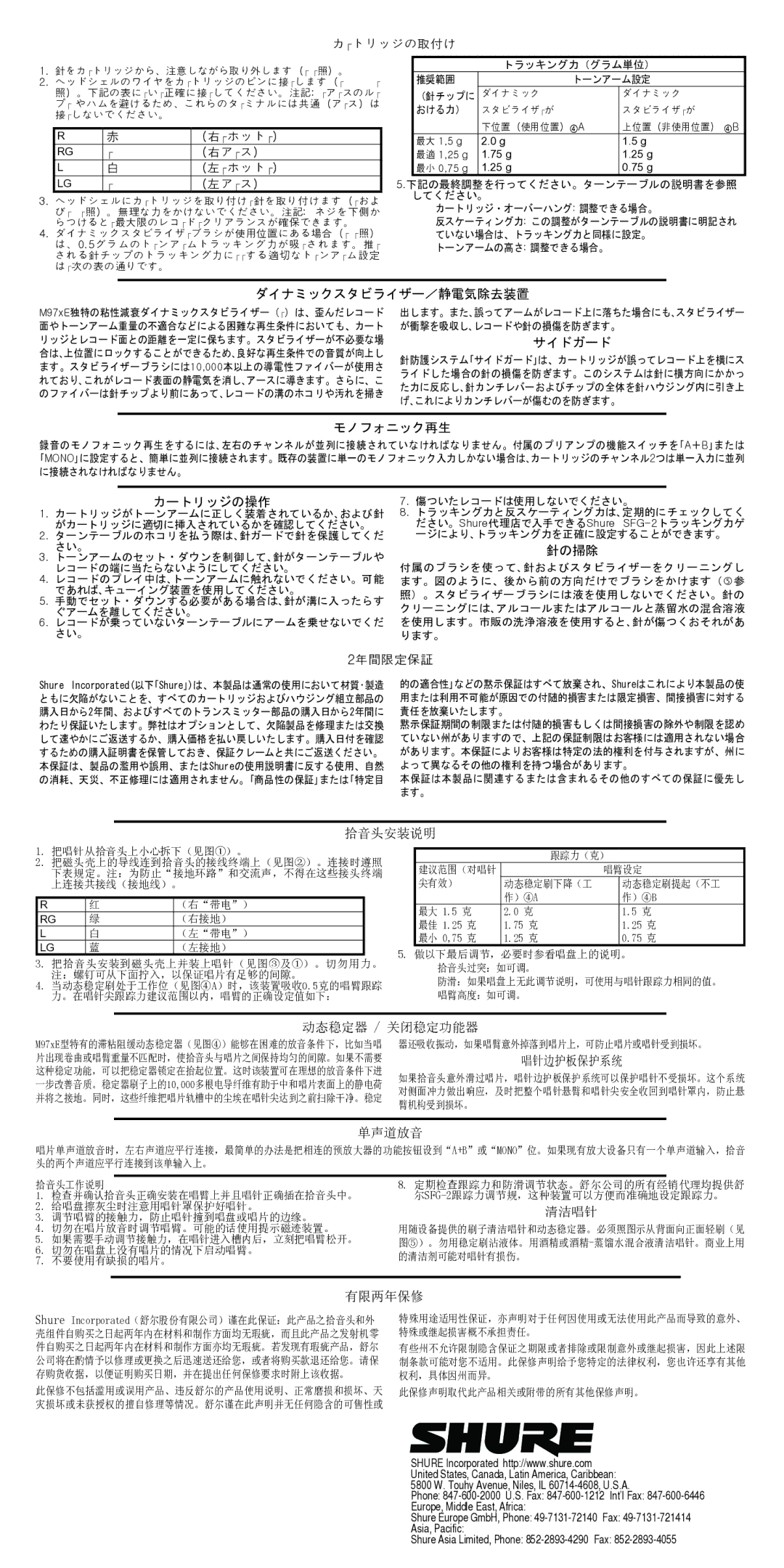 Shure M97-xE manual 最大 1,5 g, 最適 1,25 g 75 g, 最小 0,75 g 25 g 