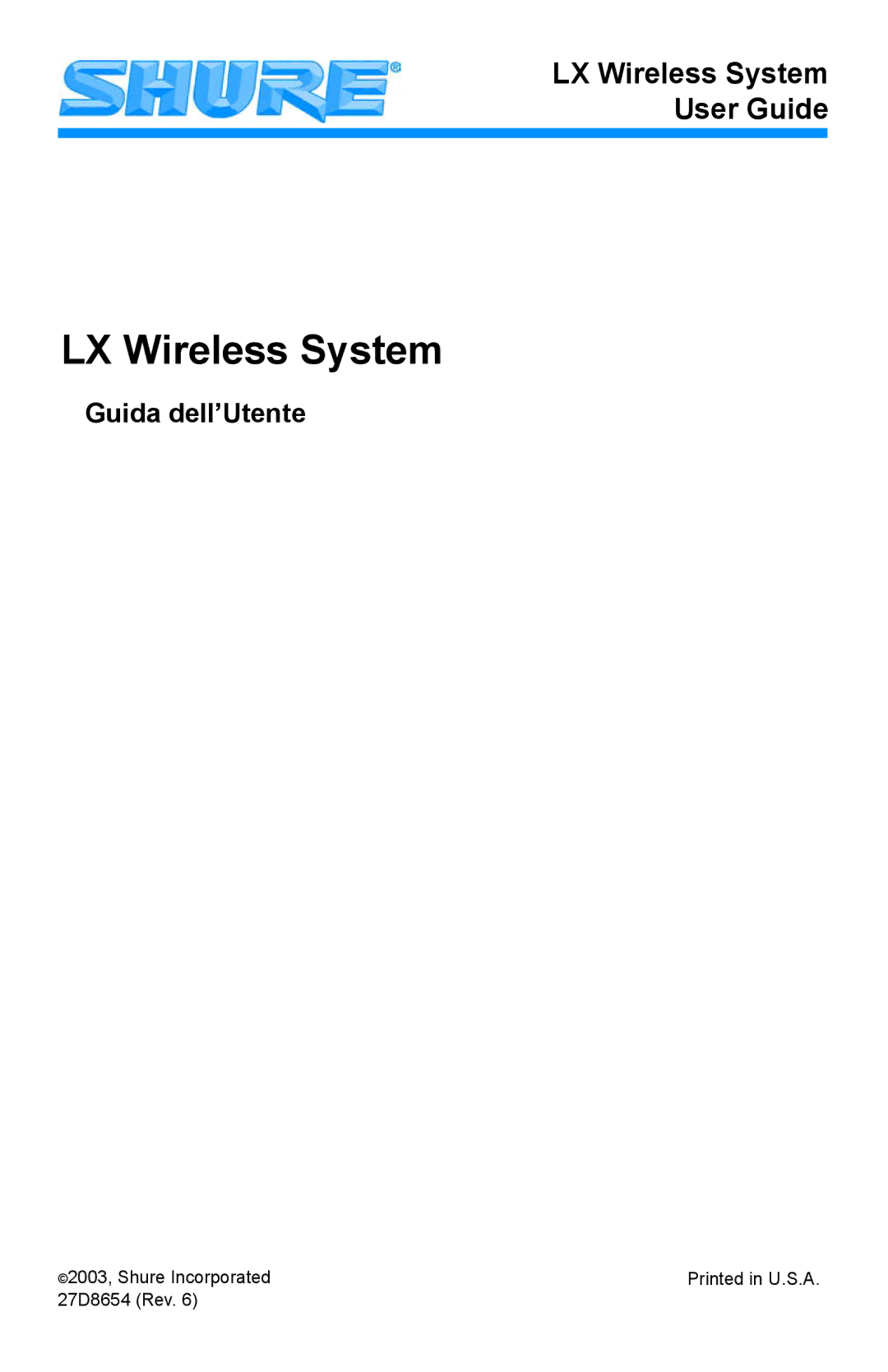 Shure Microphone manual LX Wireless System 