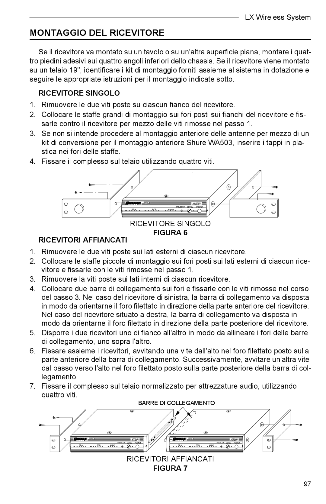 Shure Microphone manual Montaggio DEL Ricevitore, Ricevitore Singolo, Ricevitori Affiancati 