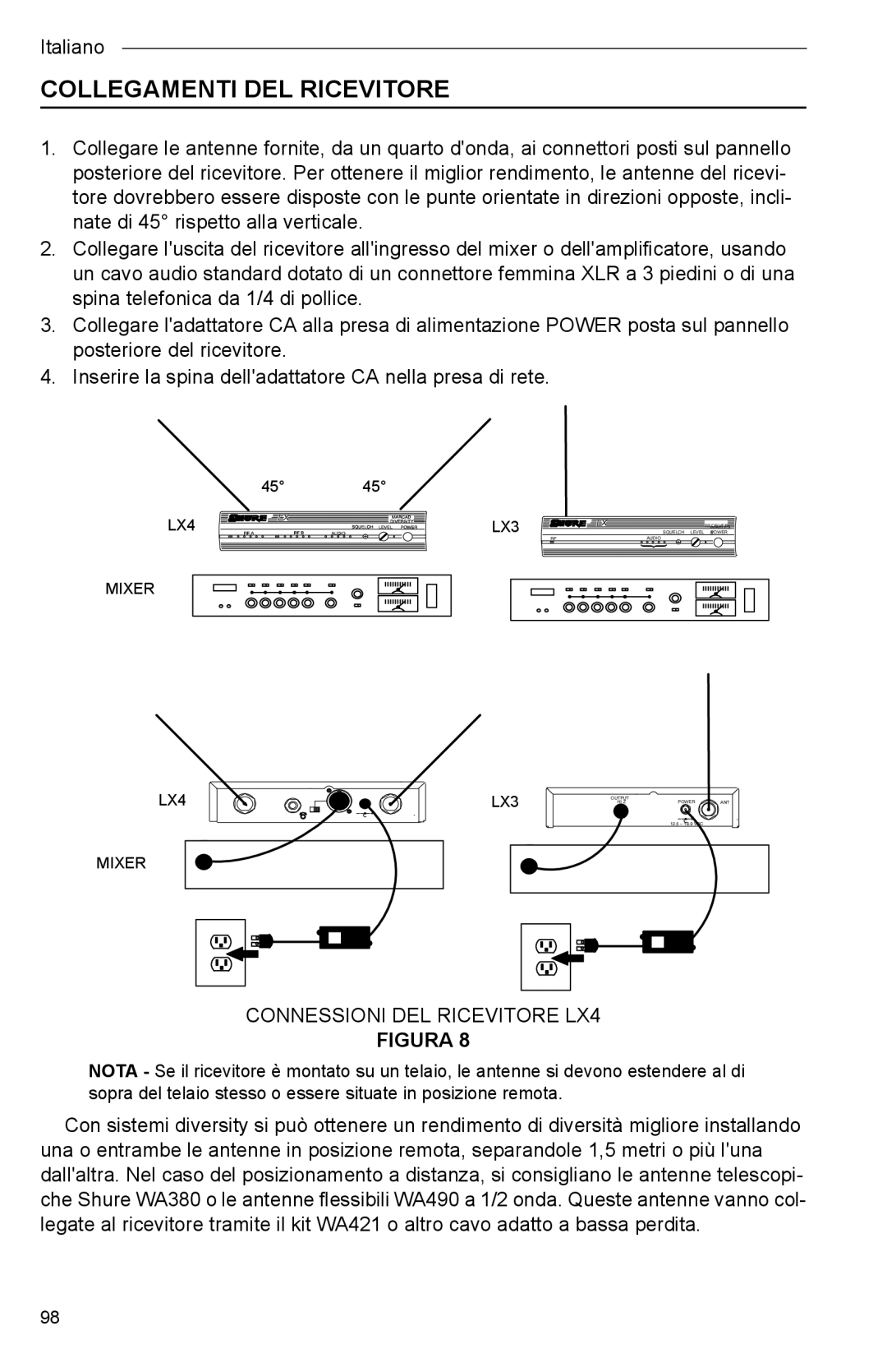 Shure Microphone manual Collegamenti DEL Ricevitore, Connessioni DEL Ricevitore LX4 