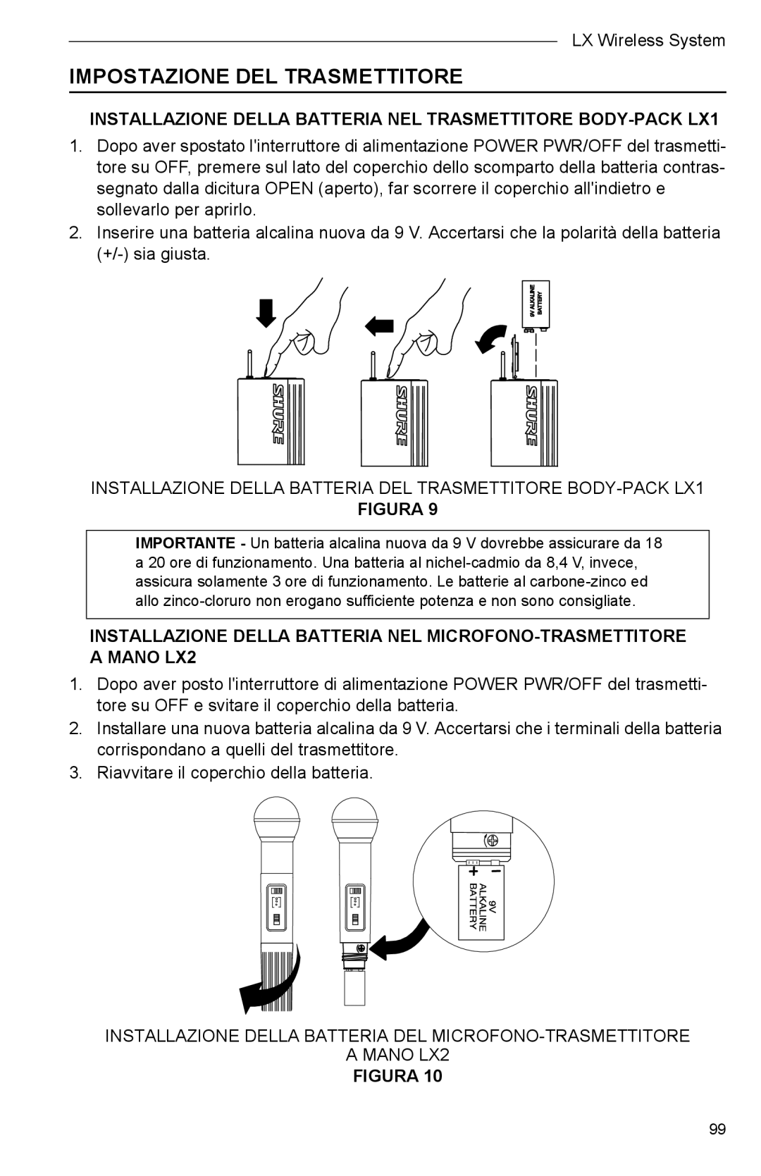 Shure Microphone manual Impostazione DEL Trasmettitore, Installazione Della Batteria NEL Trasmettitore BODY-PACK LX1 