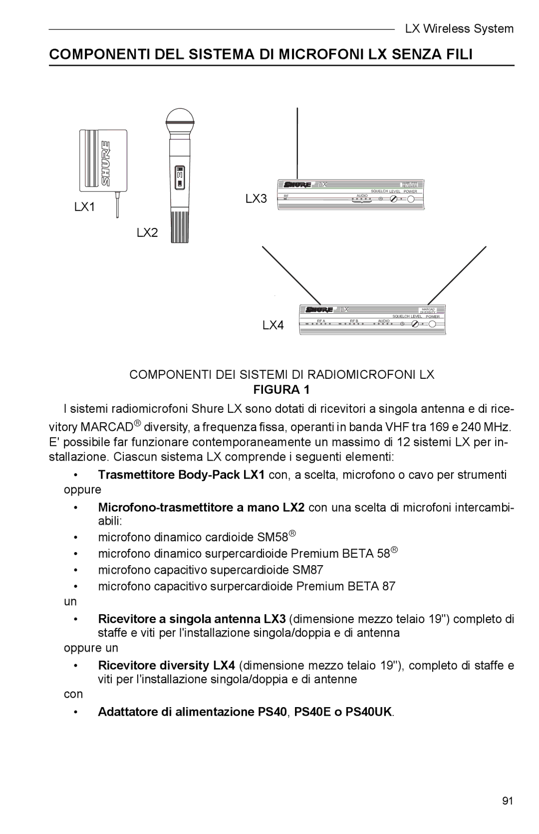 Shure Microphone manual Componenti DEL Sistema DI Microfoni LX Senza Fili, LX1 LX2, LX3, LX4 