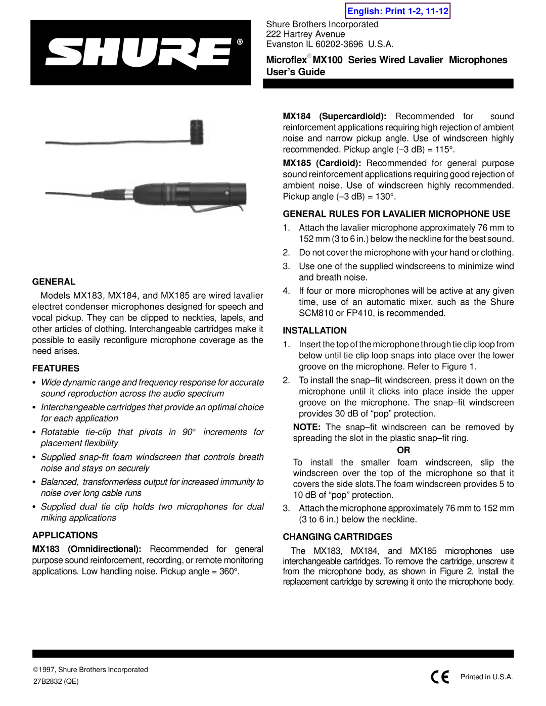 Shure MX100 Series manual Features, Applications, General Rules for Lavalier Microphone USE, Installation 