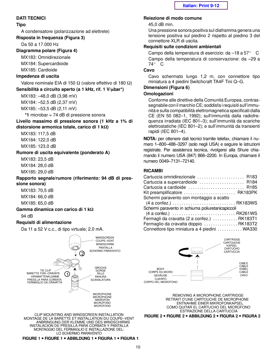 Shure MX100 Series manual Dati Tecnici, Ricambi 