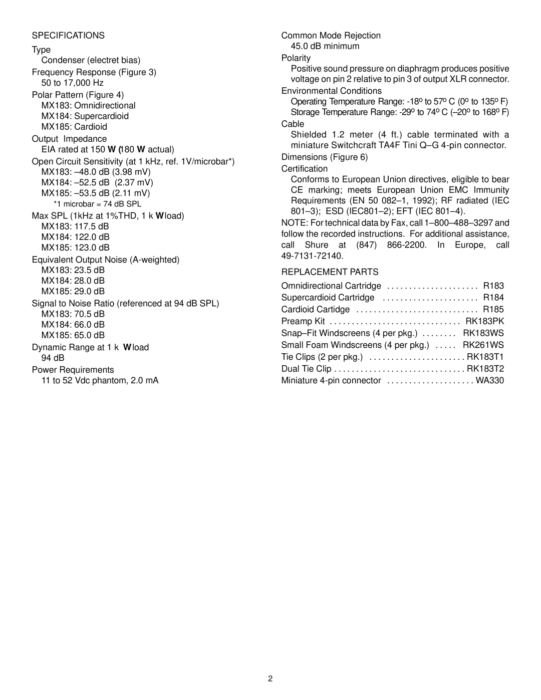 Shure MX100 Series manual Specifications, Replacement Parts 