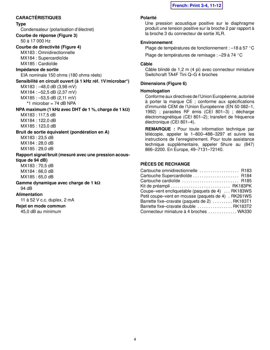 Shure MX100 Series manual Caractéristiques, Pièces DE Rechange 