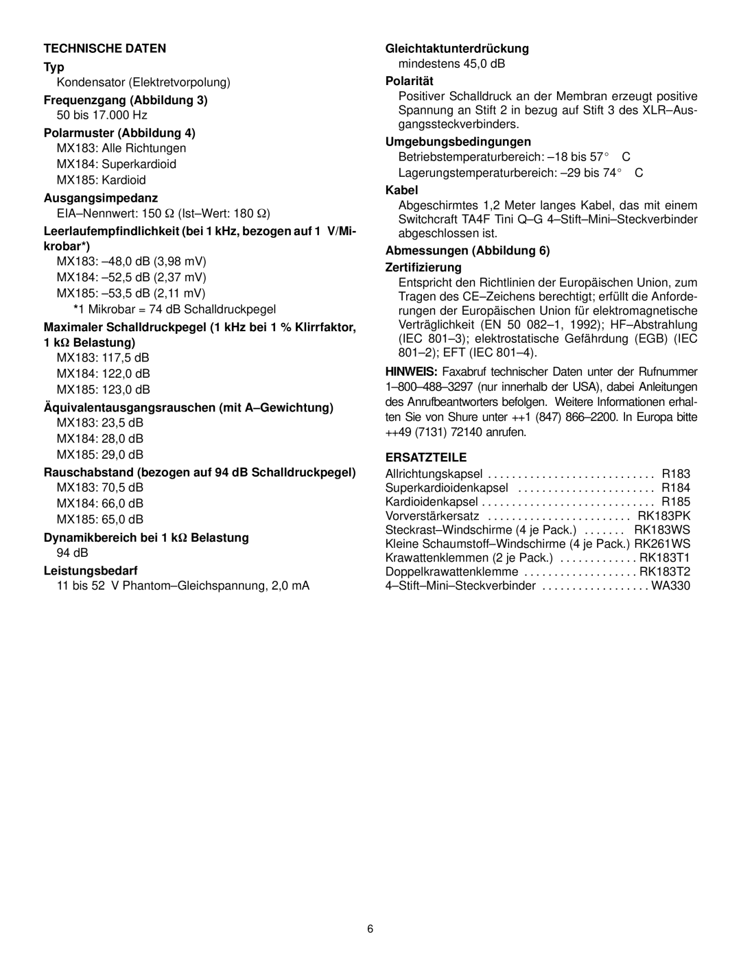 Shure MX100 Series manual Technische Daten, Ersatzteile 