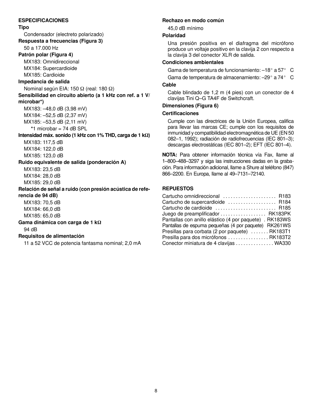 Shure MX100 Series manual Especificaciones, Repuestos 