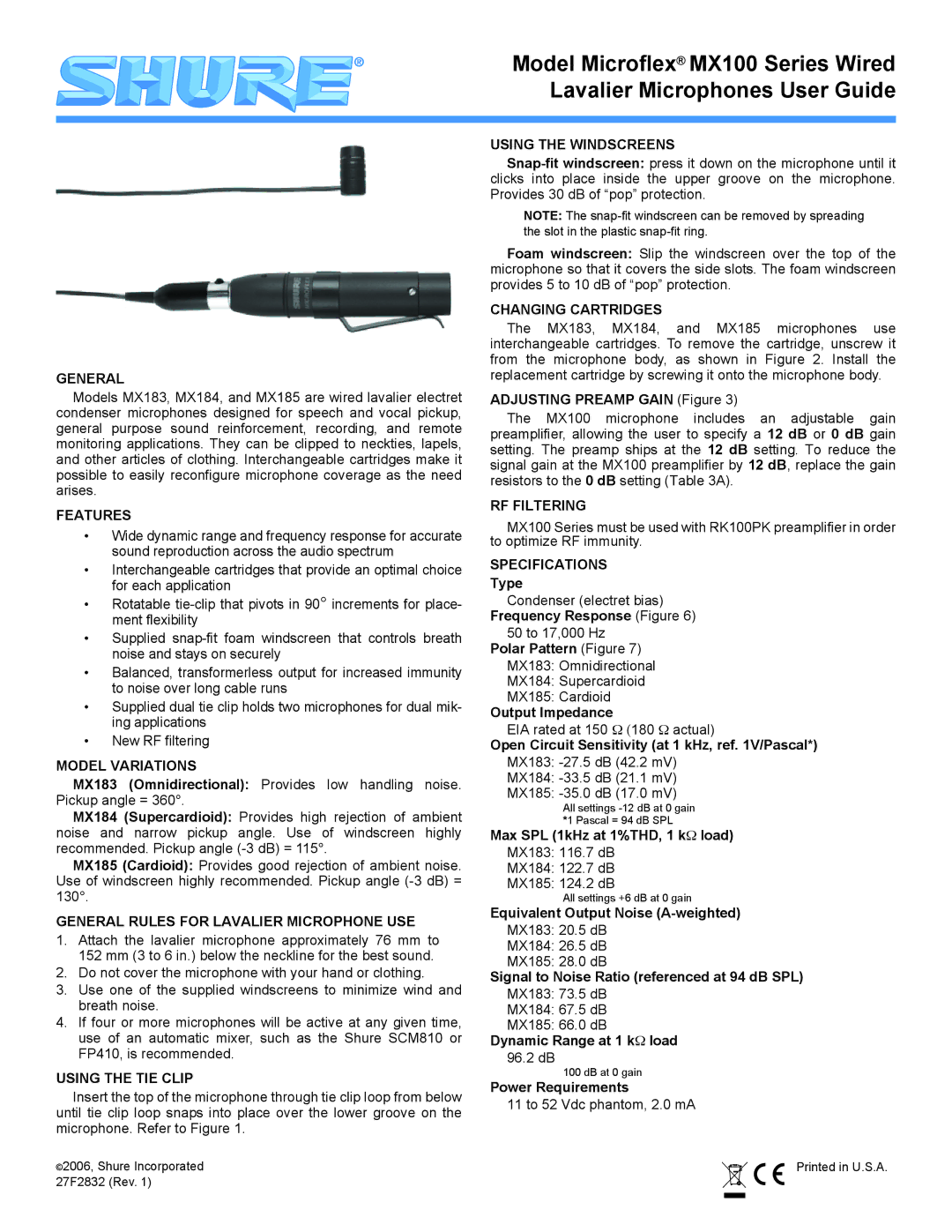 Shure MX100 specifications Features, Model Variations, General Rules for Lavalier Microphone USE, Using the TIE Clip 