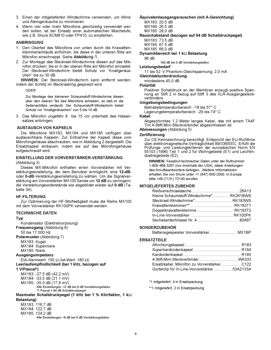 Shure MX100 Anbringung, Austausch VON Kapseln, Einstellung DER VORVERSTÄRKER-VERSTÄRKUNG, Hf-Filterung, Technische Daten 