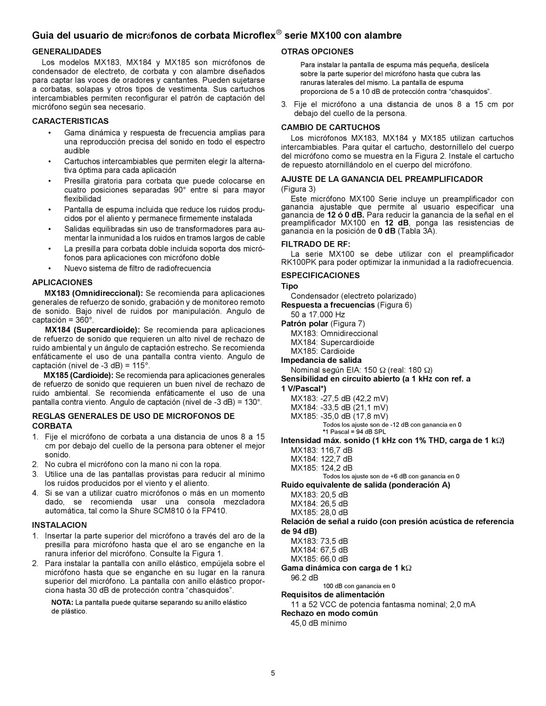 Shure MX100 Generalidades, Caracteristicas, Aplicaciones, Reglas Generales DE USO DE Microfonos DE Corbata, Instalacion 