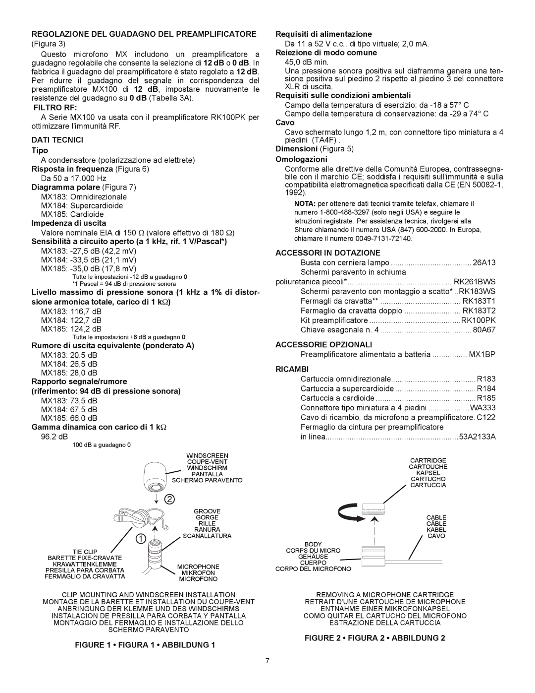 Shure MX100 Regolazione DEL Guadagno DEL Preamplificatore, Filtro RF, Dati Tecnici, Accessori in Dotazione, Ricambi 