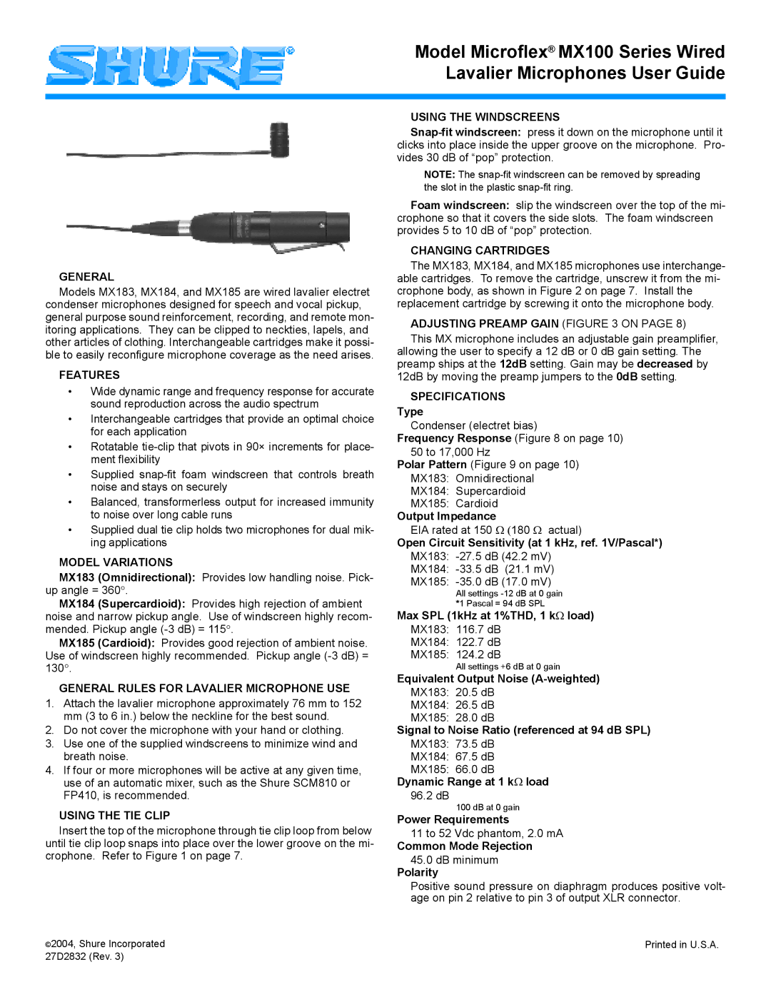 Shure MX100 specifications Features, Model Variations, General Rules for Lavalier Microphone USE, Using the TIE Clip 