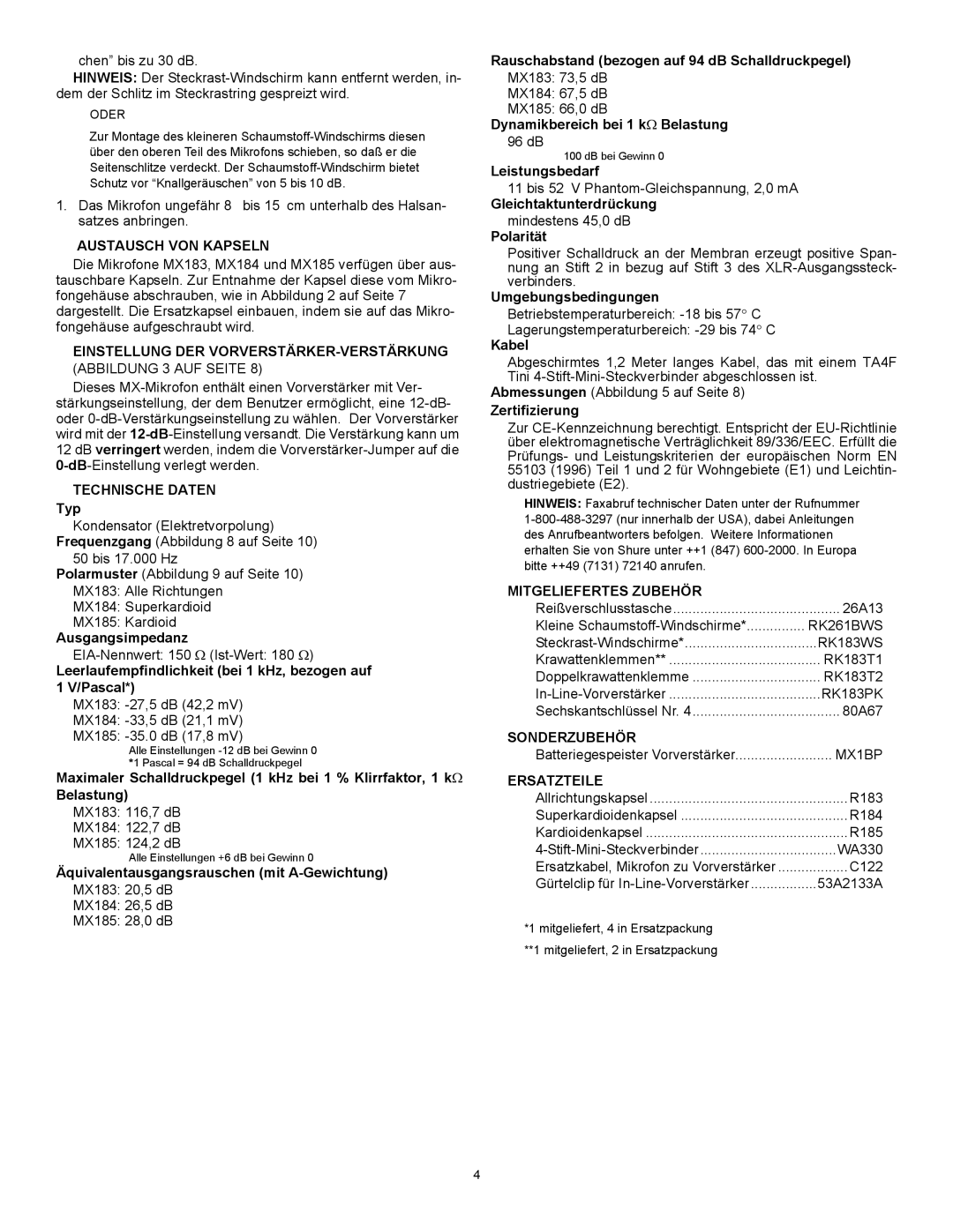 Shure MX100 Austausch VON Kapseln, Einstellung DER VORVERSTÄRKER-VERSTÄRKUNG, Technische Daten, Mitgeliefertes Zubehör 