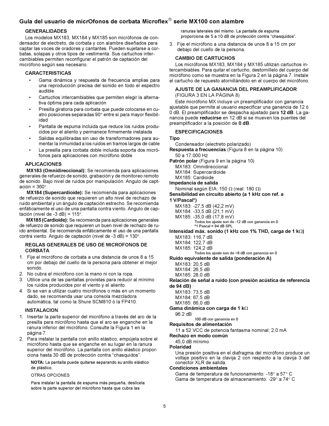 Shure MX100 Generalidades, Caracteristicas, Aplicaciones, Reglas Generales DE USO DE Microfonos DE Corbata, Instalacion 