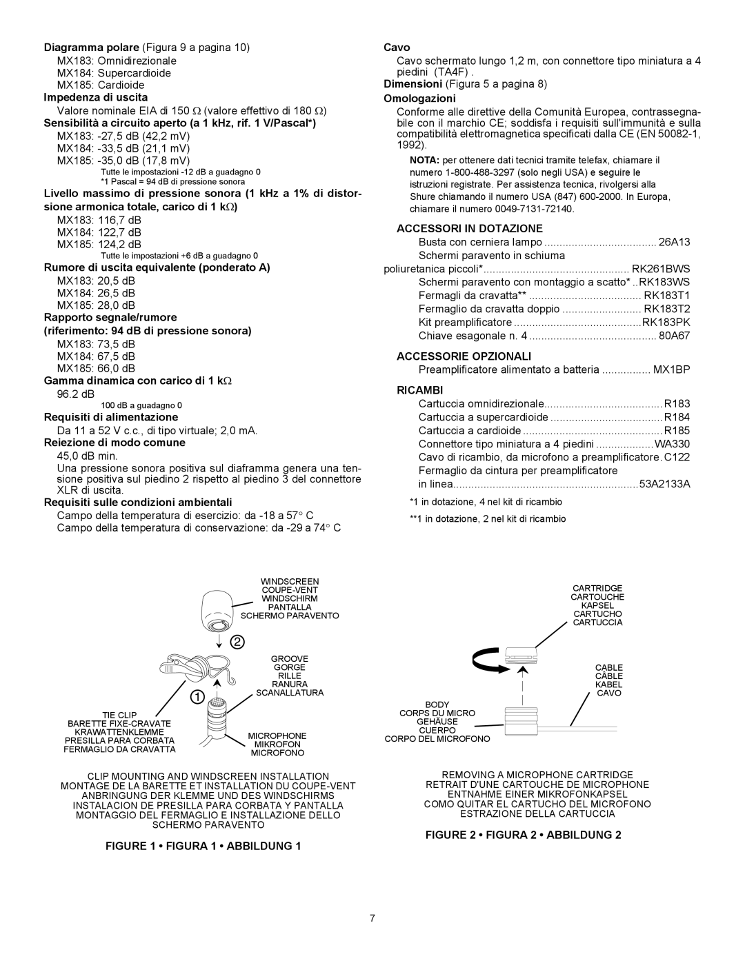 Shure MX100 specifications Accessori in Dotazione, Accessorie Opzionali, Ricambi 