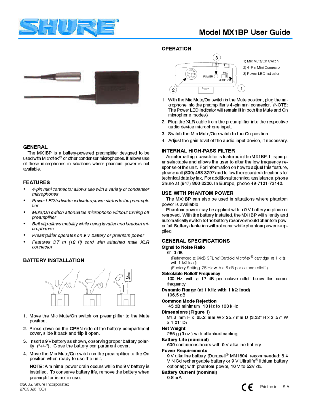 Shure MX1BP specifications Operation, General, Features, Battery Installation, Internal HIGH-PASS Filter 