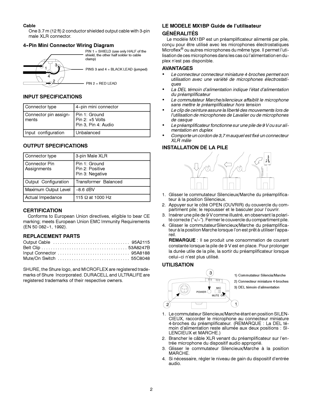 Shure MX1BP Input Specifications, Output Specifications, Certification, Replacement Parts, Généralités, Avantages 