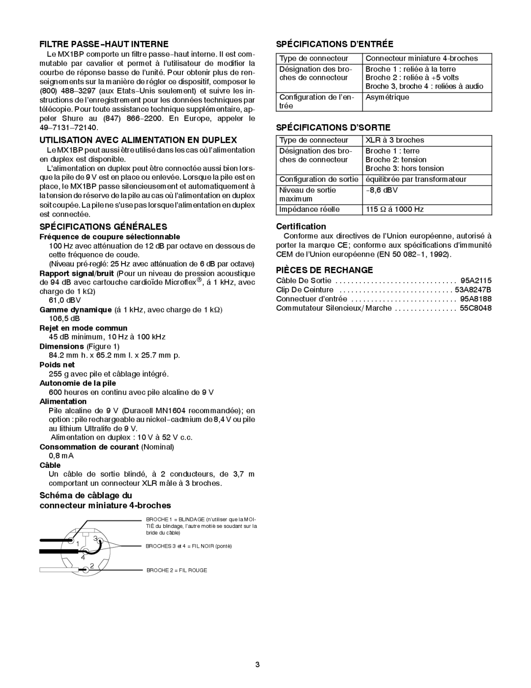 Shure MX1BP specifications Filtre PASSE-HAUT Interne, Utilisation Avec Alimentation EN Duplex, Spécifications Générales 