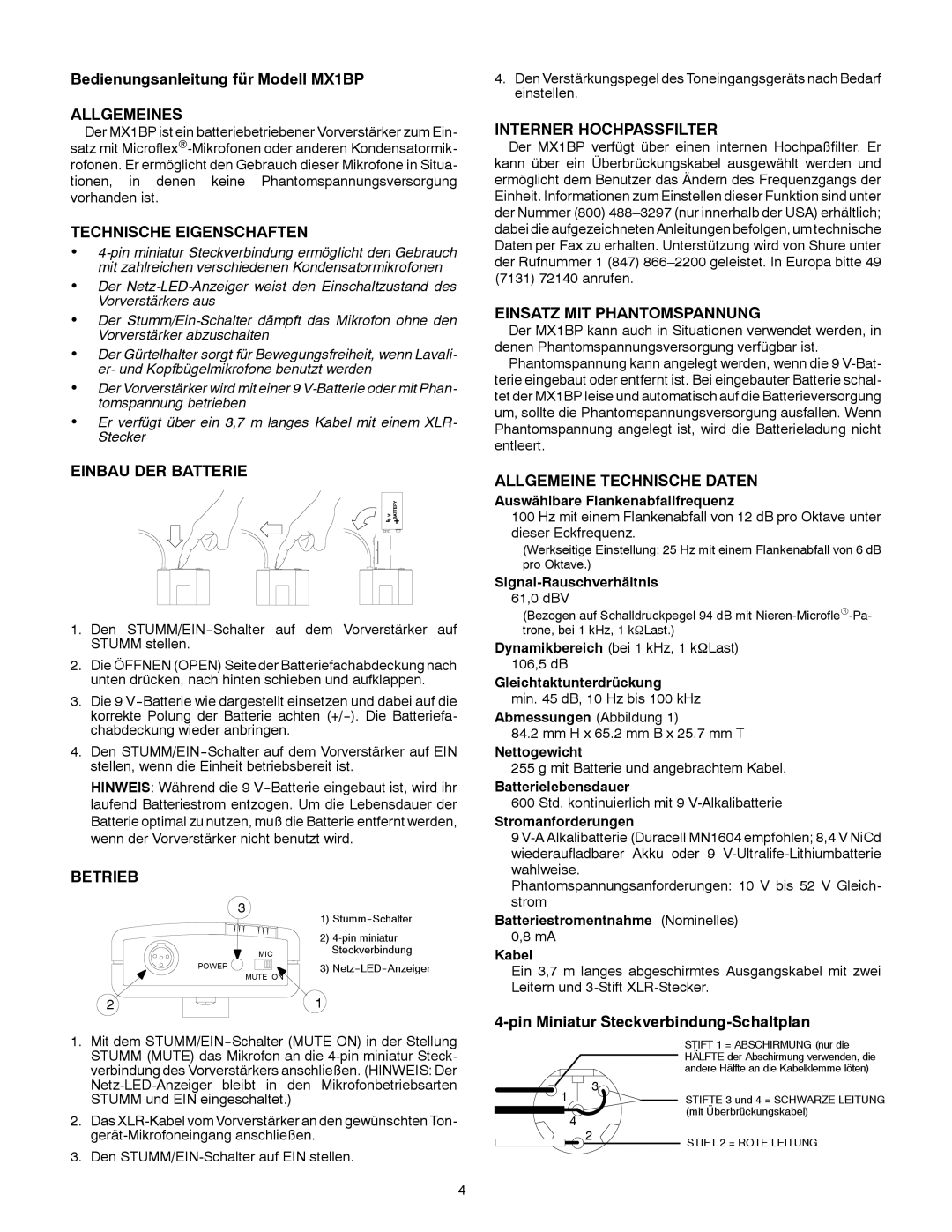 Shure MX1BP specifications Allgemeines, Technische Eigenschaften, Einbau DER Batterie, Betrieb, Interner Hochpassfilter 