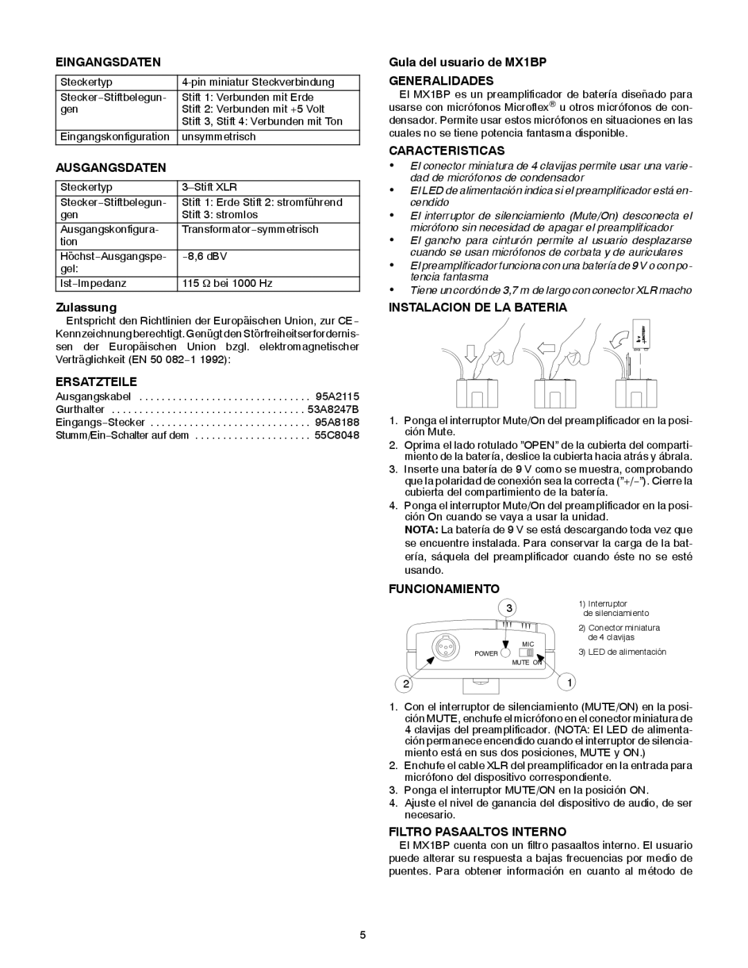 Shure MX1BP Eingangsdaten, Ausgangsdaten, Ersatzteile, Generalidades, Caracteristicas, Instalacion DE LA Bateria 