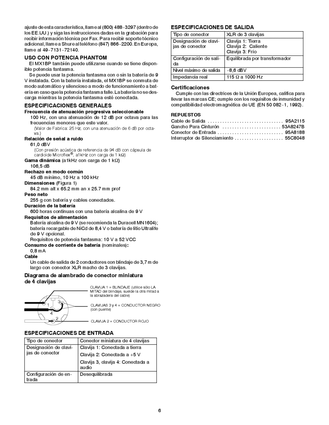 Shure MX1BP USO CON Potencia Phantom, Especificaciones Generales, Especificaciones DE Entrada, Especificaciones DE Salida 