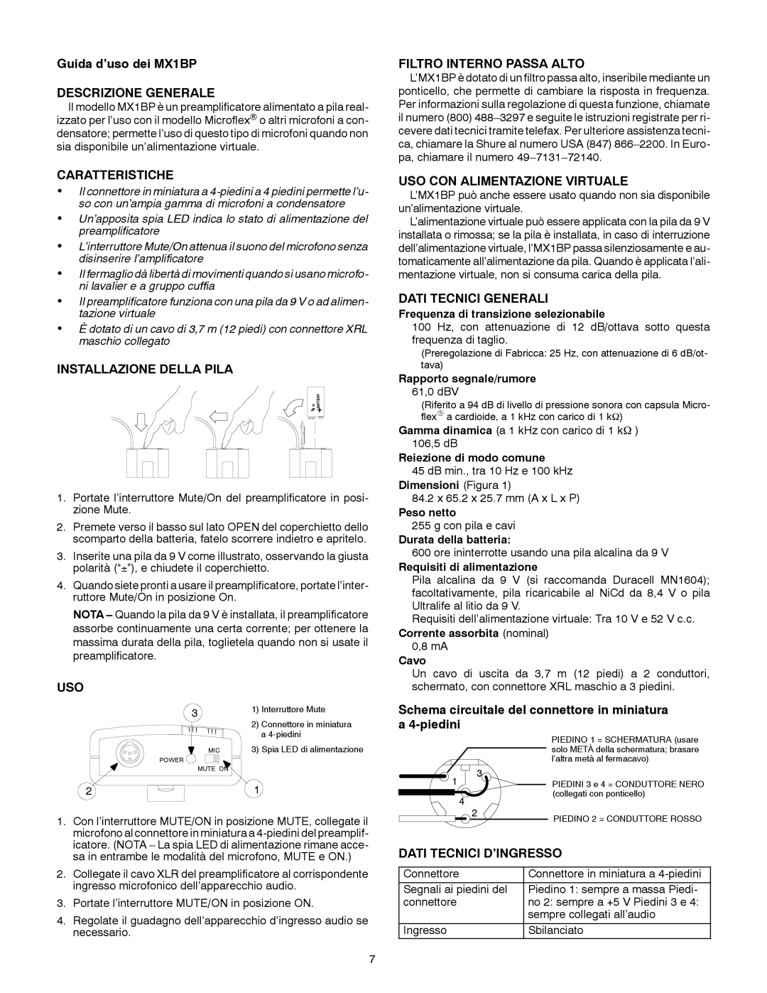 Shure MX1BP specifications Descrizione Generale, Caratteristiche, Installazione Della Pila, Uso, Filtro Interno Passa Alto 