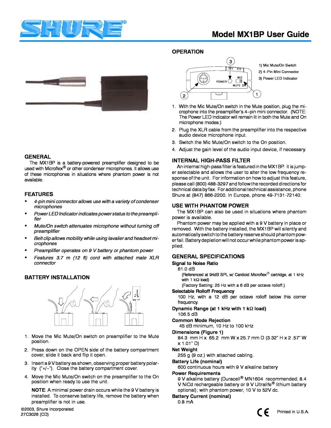 Shure MX1BP specifications Operation, General, Features, Battery Installation, Internal High-Passfilter, Dimensions Figure 