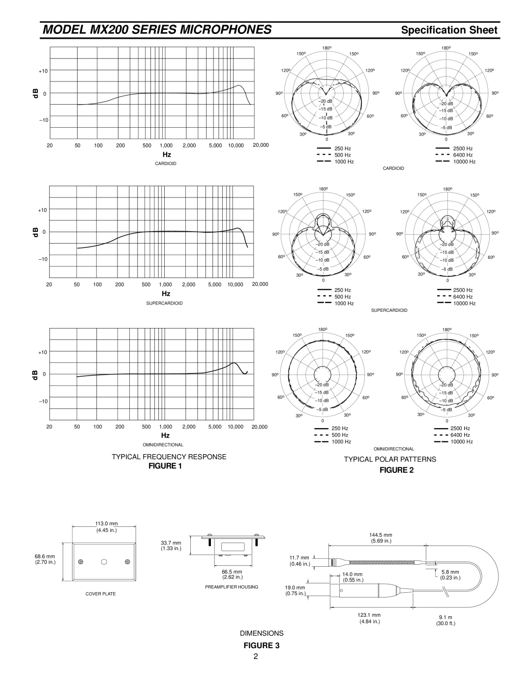 Shure specifications Model MX200 Series Microphones 