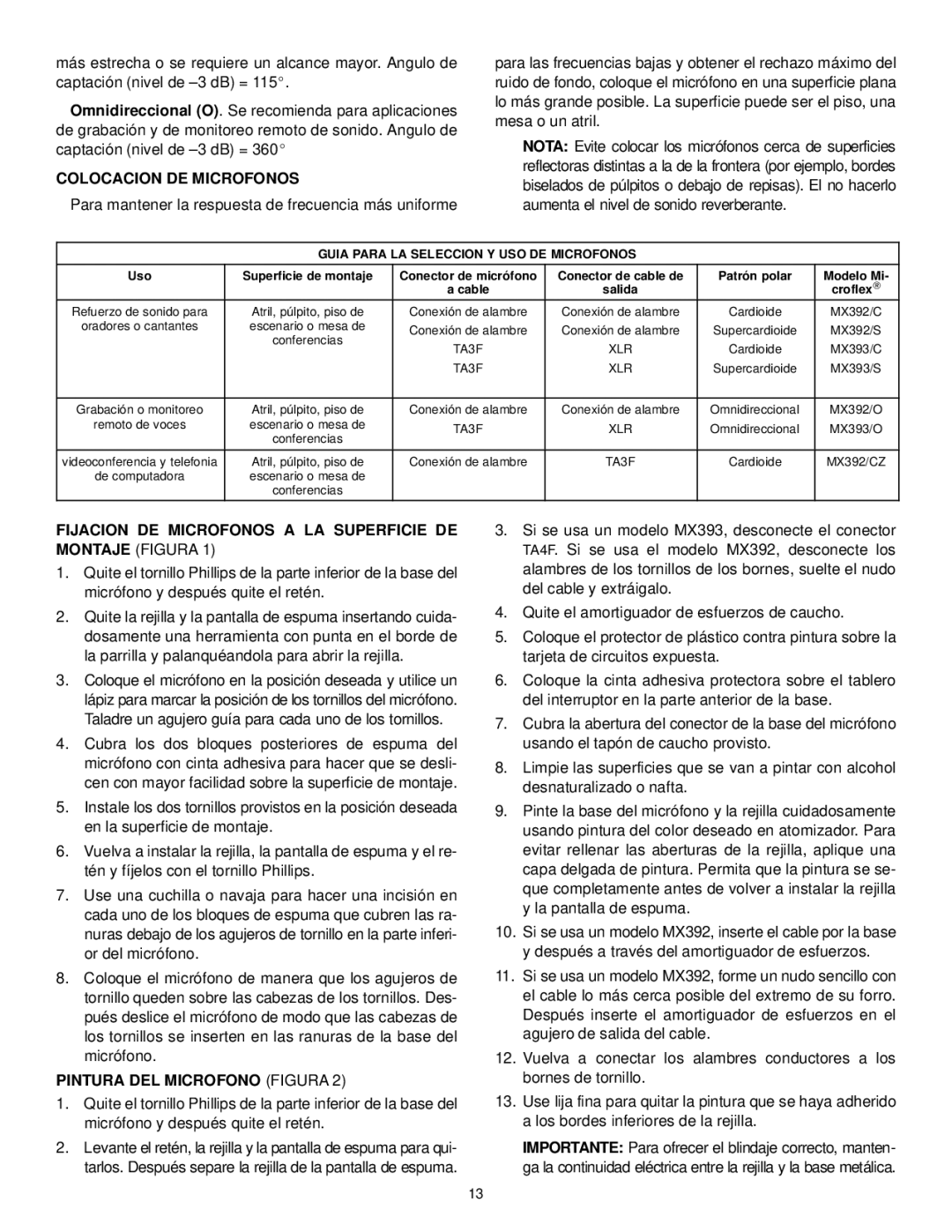 Shure MX392/S, MX300, MX392/C manual Colocacion DE Microfonos, Fijacion DE Microfonos a LA Superficie DE, Montaje Figura 