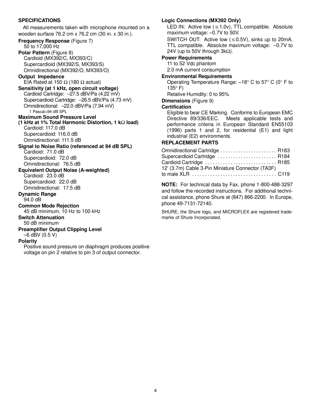 Shure MX392/S, MX300, MX392/C manual Specifications, Replacement Parts 