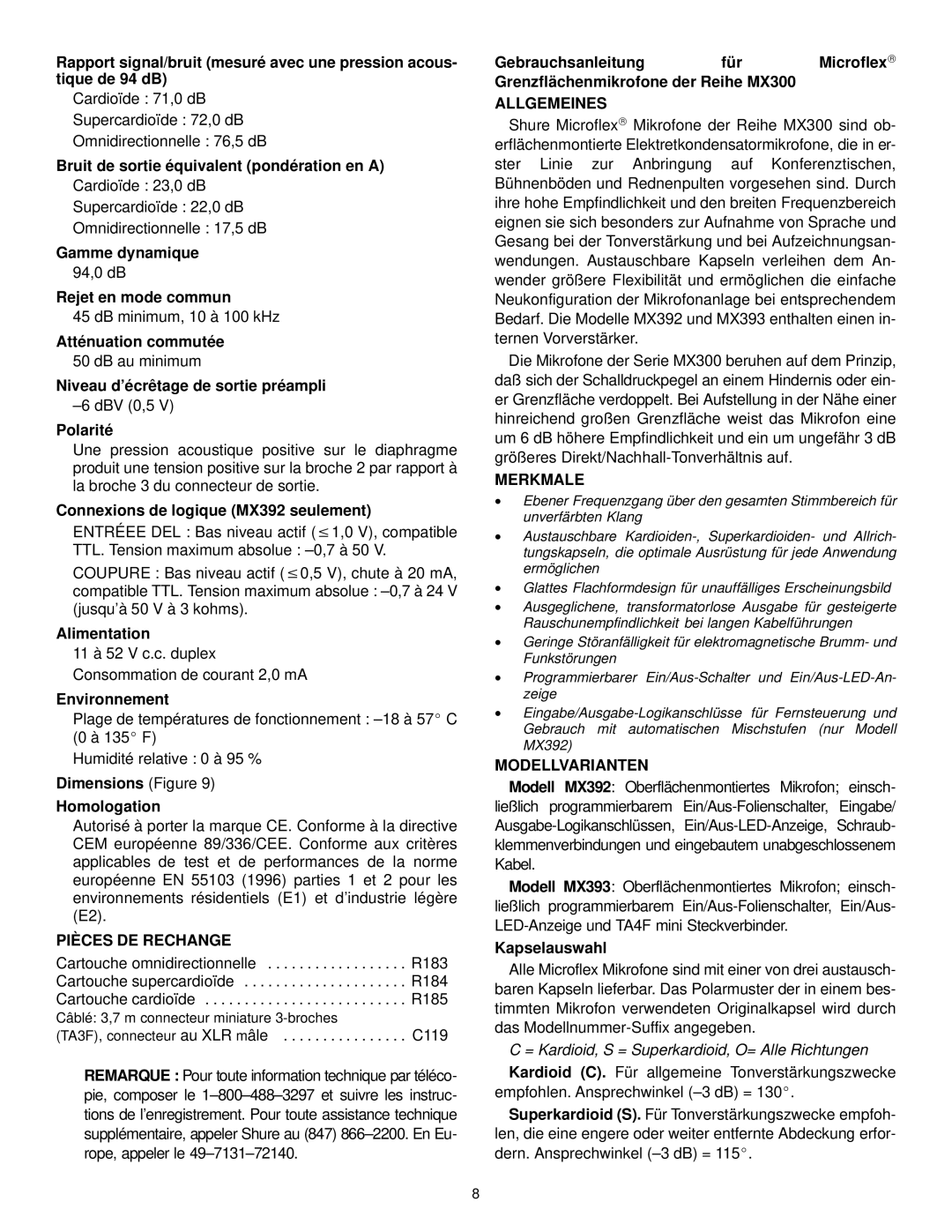 Shure MX392/C, MX300, MX392/S manual Pièces DE Rechange, Allgemeines, Merkmale, Modellvarianten 