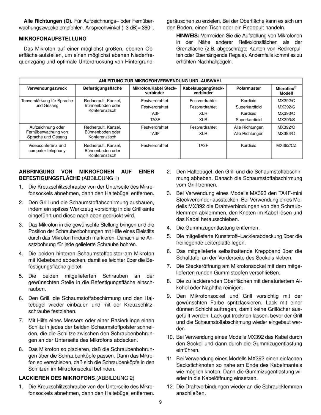 Shure MX300, MX392/S Mikrofonaufstellung, Lackieren DES Mikrofons Abbildung, Anleitung ZUR Mikrofonverwendung UND -AUSWAHL 