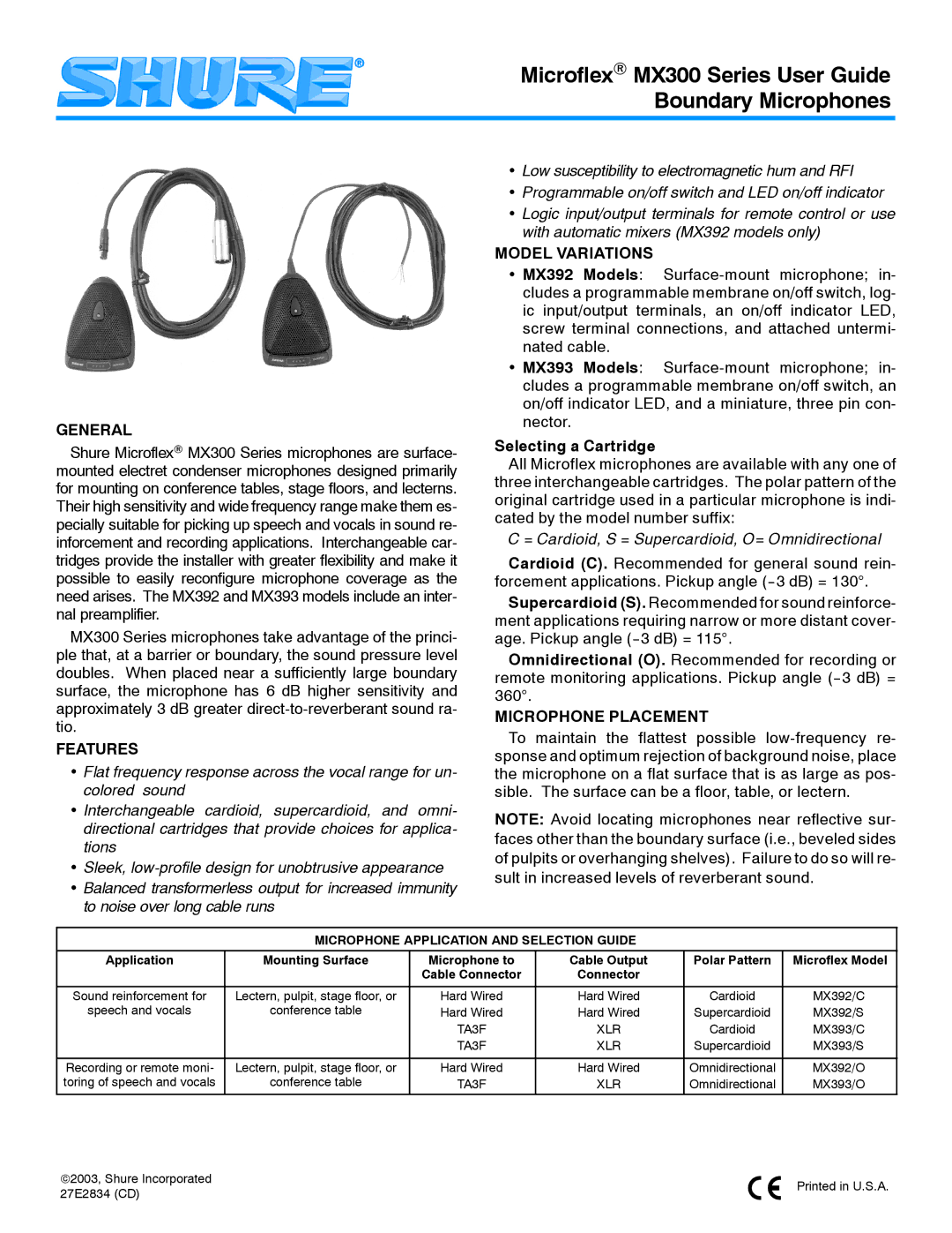 Shure MX300 Series manual General, Features, Model Variations, Selecting a Cartridge, Microphone Placement 