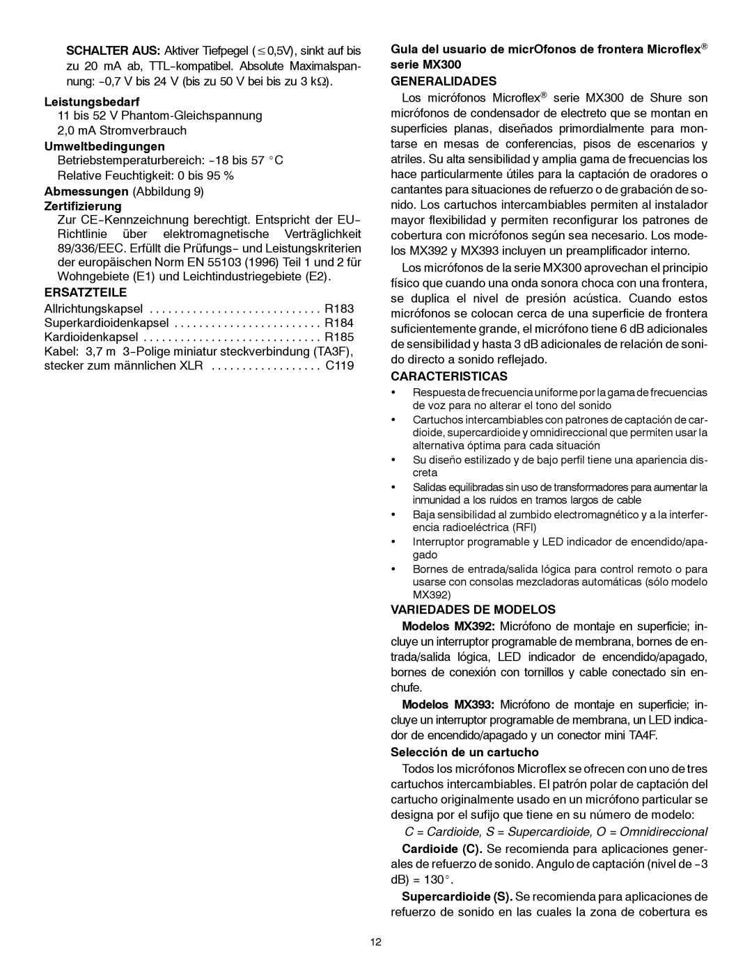 Shure MX300 Series manual Ersatzteile, Generalidades, Caracteristicas, Variedades DE Modelos 