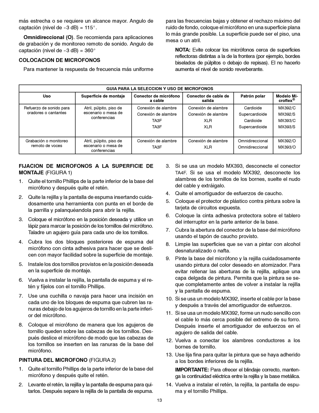 Shure MX300 Series manual Colocacion DE Microfonos, Fijacion DE Microfonos a LA Superficie DE Montaje Figura 