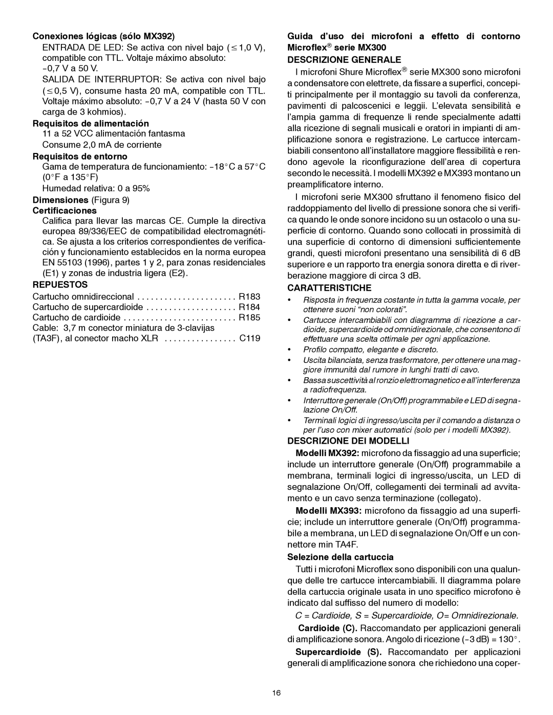 Shure MX300 Series manual Repuestos, Descrizione Generale, Caratteristiche, Descrizione DEI Modelli 