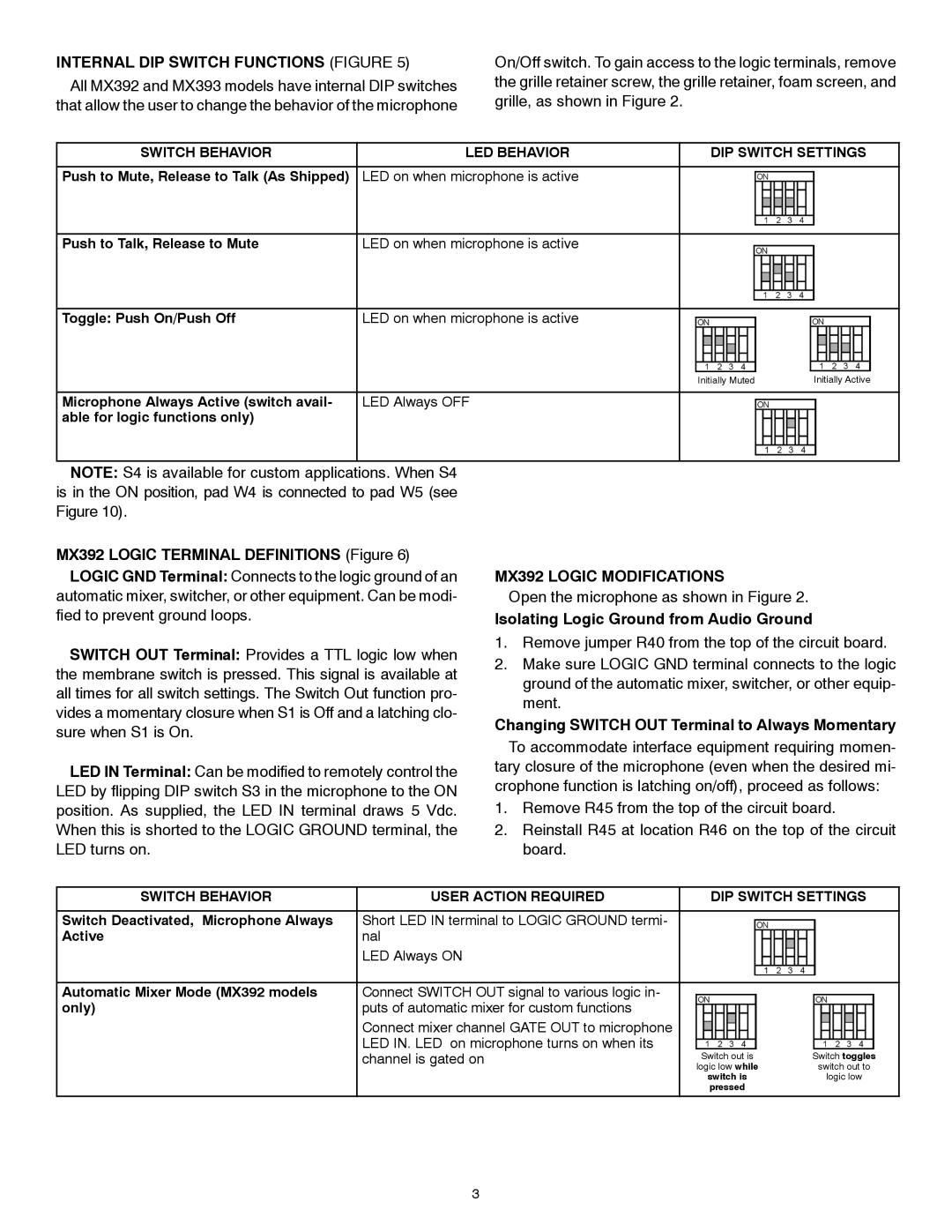 Shure MX300 Series Internal DIP Switch Functions Figure, MX392 Logic Modifications, Open the microphone as shown in Figure 