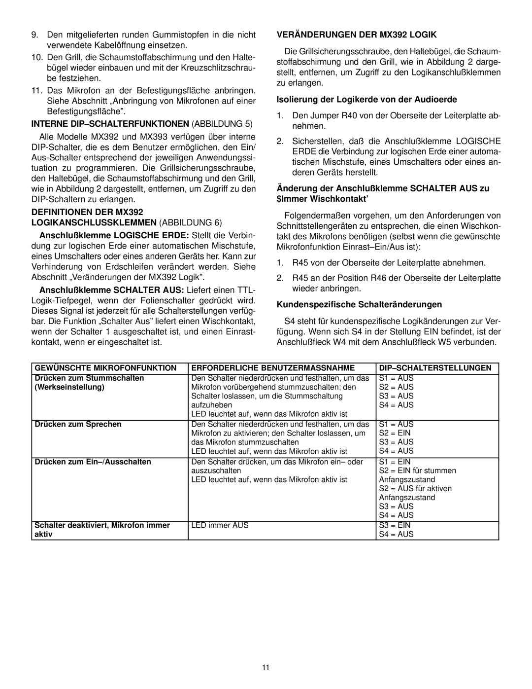 Shure MX300 manual Interne DIP±SCHALTERFUNKTIONEN Abbildung, Definitionen DER MX392 Logikanschlussklemmen Abbildung 