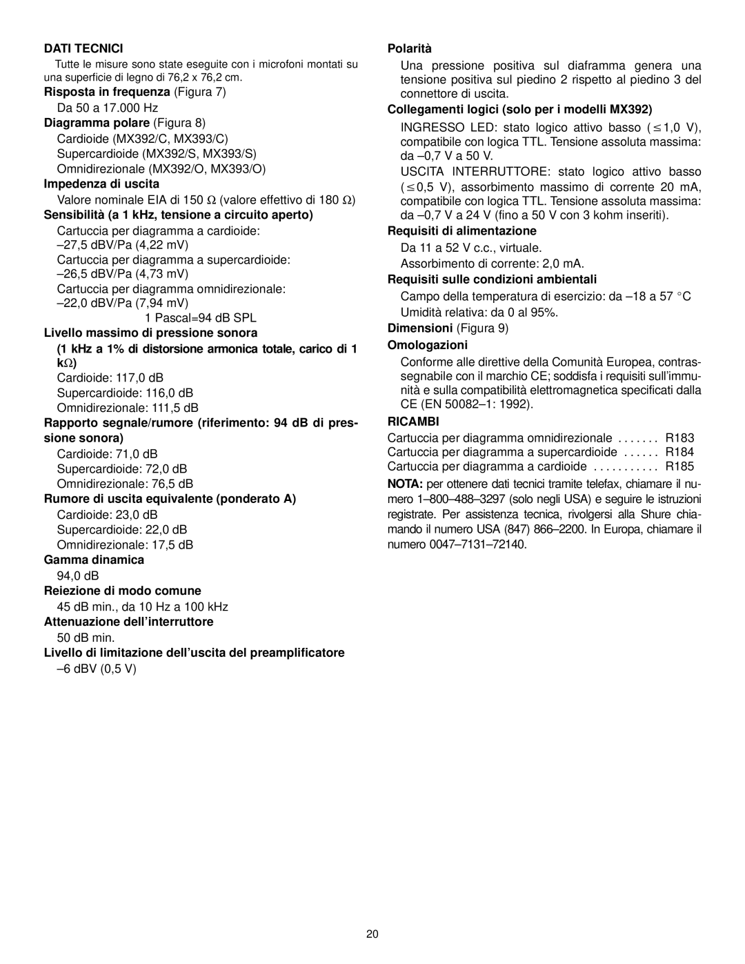 Shure MX300 manual Dati Tecnici, Ricambi 