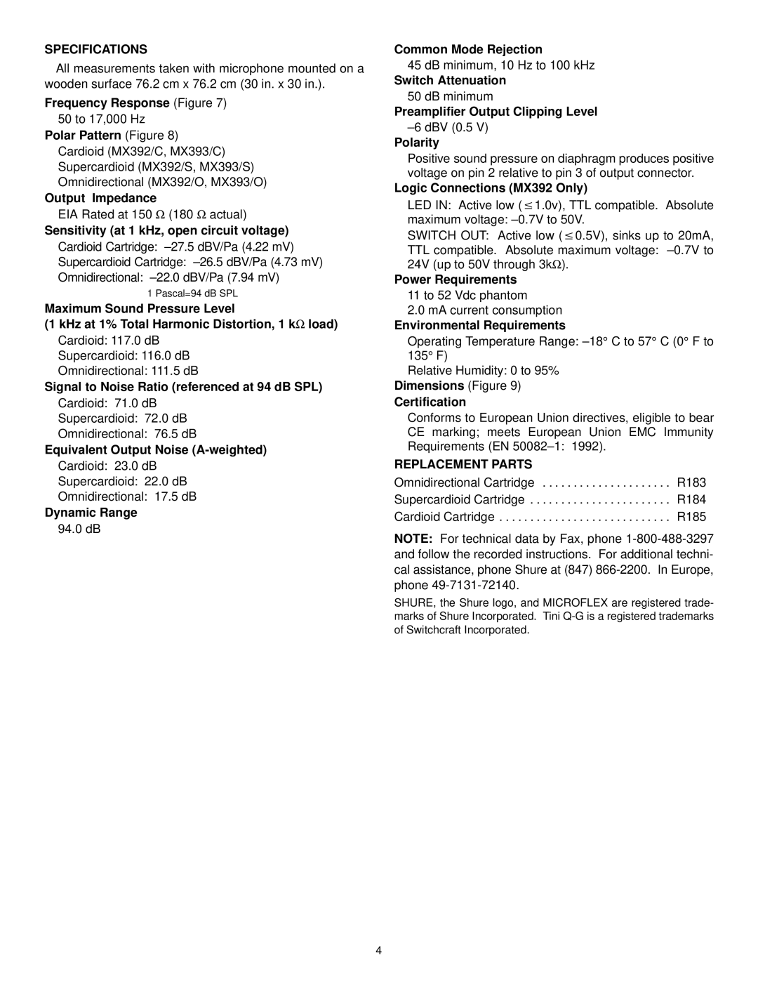 Shure MX300 manual Specifications, Replacement Parts 