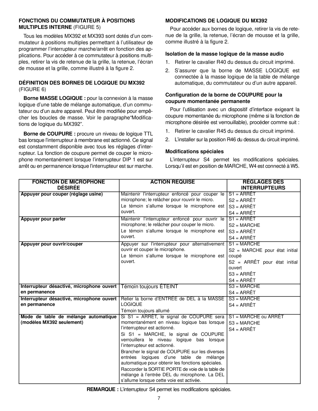 Shure MX300 manual Définition DES Bornes DE Logique DU MX392, Modifications DE Logique DU MX392, Modifications spéciales 