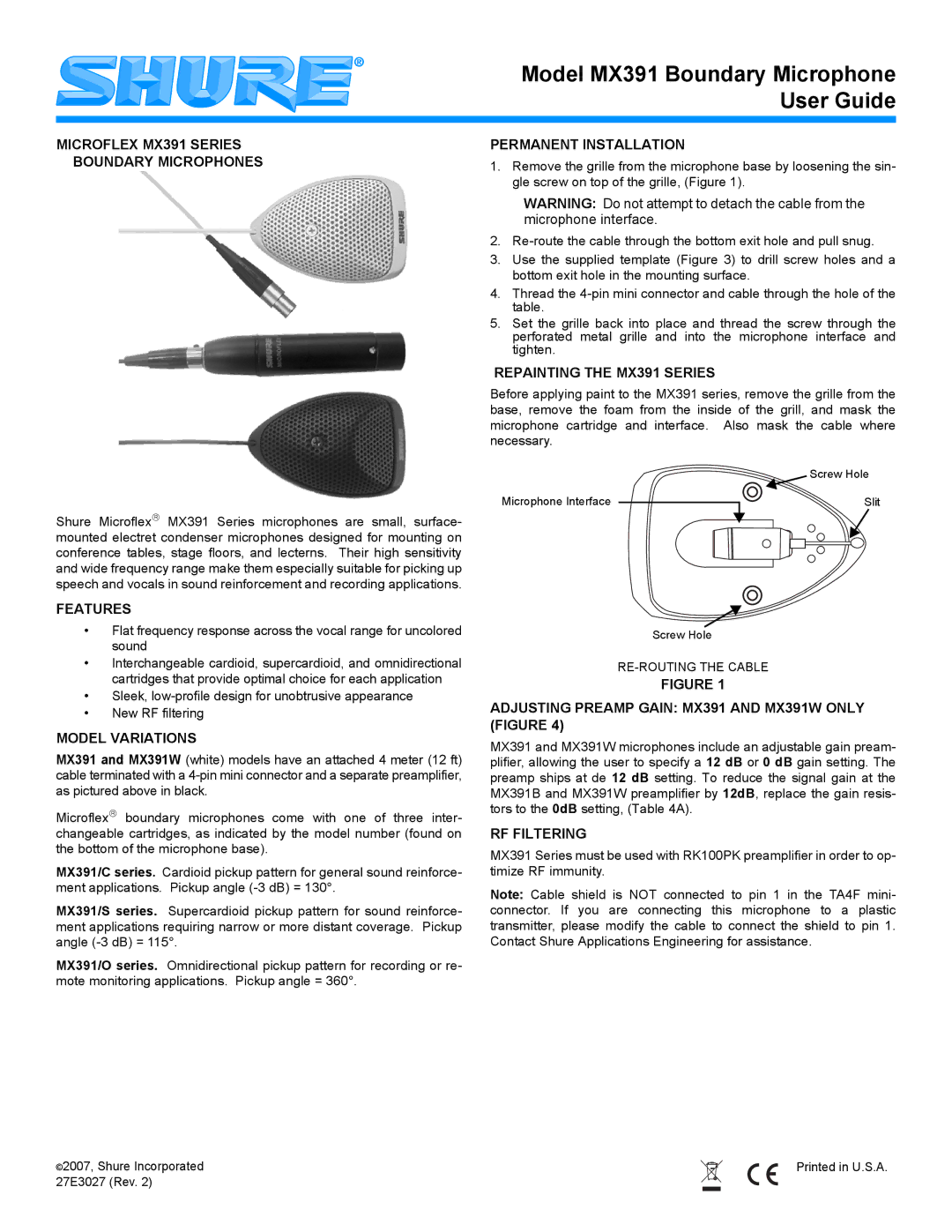 Shure manual Microflex MX391 Series Boundary Microphones, Features, Model Variations, Permanent Installation 