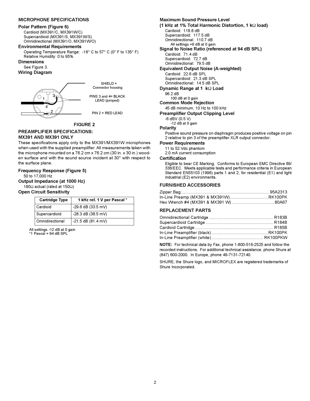 Shure manual Microphone Specifications, Preamplifier Specifications MX391 and MX391 only, Furnished Accessories 